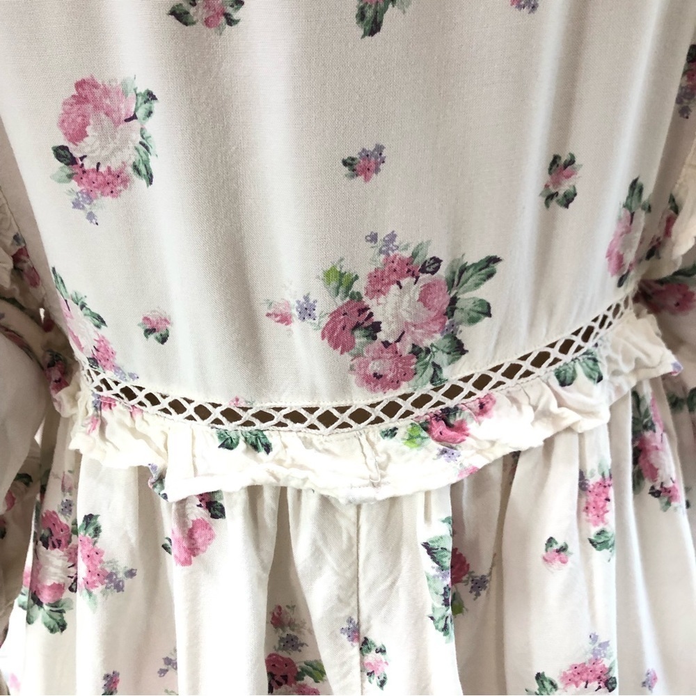 asos floral mini romantic print puff sleeve dress embroidery V-neck button front - Picture 12 of 16